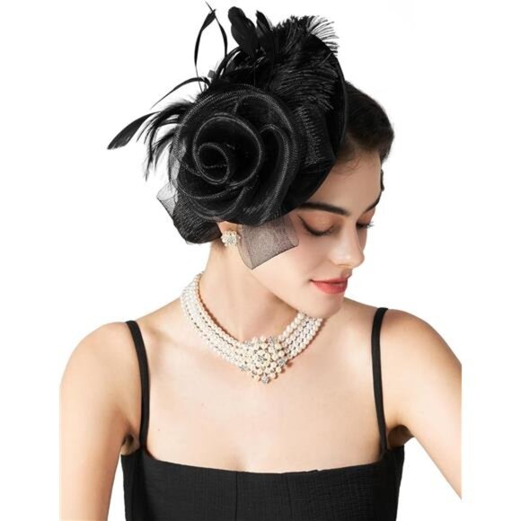 Flower Tea Party Fascinators for Women, Black - Picture 3 of 5
